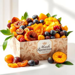 An elegant display of a beautifully arranged box filled with a variety of dried fruits such as apricots, figs, and mangoes