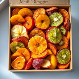 A beautifully arranged box of dried fruit featuring vibrant, colorful slices of apples, apricots, kiwis, and mangoes