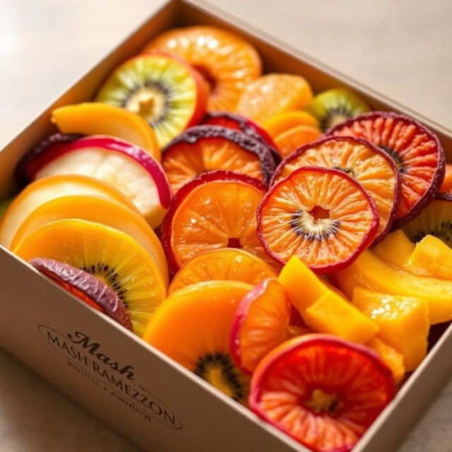 A beautifully arranged box of dried fruit featuring vibrant, colorful slices of apples, apricots, kiwis, and mangoes