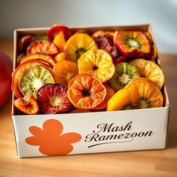 A beautifully arranged box of dried fruit featuring vibrant, colorful slices of apples, apricots, kiwis, and mangoes