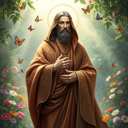 A highly detailed and majestic portrayal of a saint, draped in flowing, ornate robes with intricate patterns
