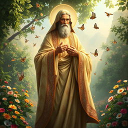 A highly detailed and majestic portrayal of a saint, draped in flowing, ornate robes with intricate patterns