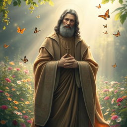 A highly detailed and majestic portrayal of a saint, draped in flowing, ornate robes with intricate patterns