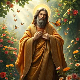 A highly detailed and majestic portrayal of a saint, draped in flowing, ornate robes with intricate patterns