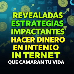 A vibrant and engaging YouTube thumbnail for a video titled "Reveladas Estrategias Impactantes para Hacer Dinero en Internet que Cambiarán Tu Vida"