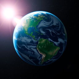 A stunning view of Earth from space, showcasing the blue oceans, swirling white clouds, and vibrant green landmasses with the sun illuminating the planet from one side, creating a beautiful gradient effect