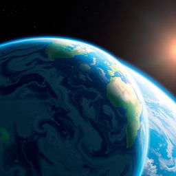 A stunning view of Earth from space, showcasing the blue oceans, swirling white clouds, and vibrant green landmasses with the sun illuminating the planet from one side, creating a beautiful gradient effect