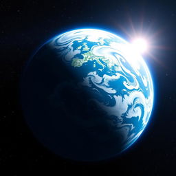 A stunning view of Earth from space, showcasing the blue oceans, swirling white clouds, and vibrant green landmasses with the sun illuminating the planet from one side, creating a beautiful gradient effect