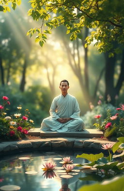 A peaceful and serene scene depicting a person in meditation in a tranquil garden, surrounded by vibrant flowers, a small pond with lotus blossoms, and gentle rays of sunlight filtering through the leaves