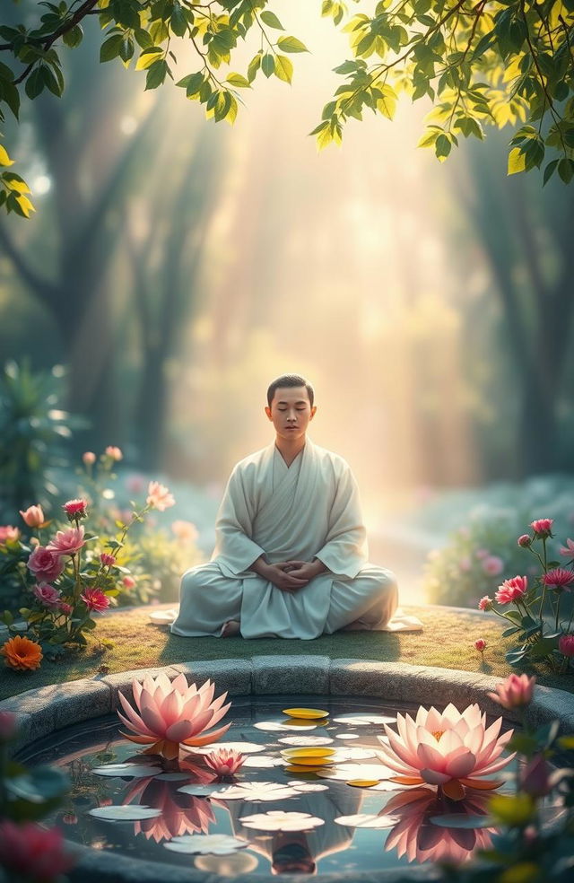 A peaceful and serene scene depicting a person in meditation in a tranquil garden, surrounded by vibrant flowers, a small pond with lotus blossoms, and gentle rays of sunlight filtering through the leaves