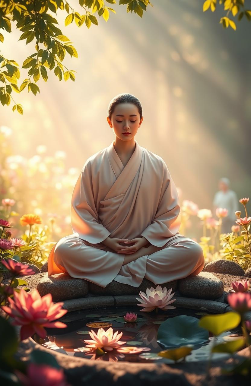 A peaceful and serene scene depicting a person in meditation in a tranquil garden, surrounded by vibrant flowers, a small pond with lotus blossoms, and gentle rays of sunlight filtering through the leaves
