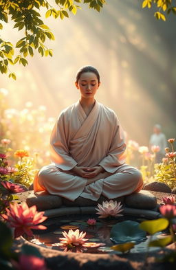 A peaceful and serene scene depicting a person in meditation in a tranquil garden, surrounded by vibrant flowers, a small pond with lotus blossoms, and gentle rays of sunlight filtering through the leaves