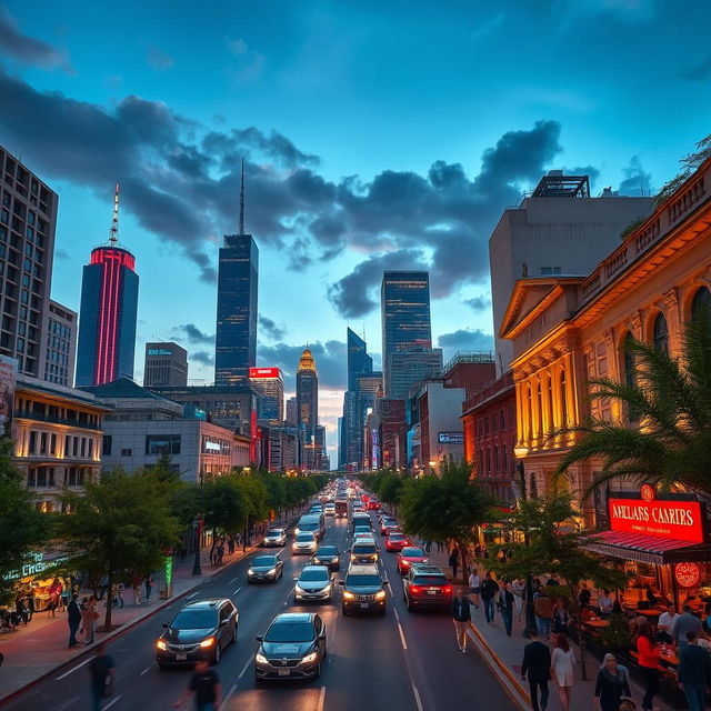 A bustling and vibrant cityscape during twilight, with colorful skyscrapers illuminated against the darkening sky