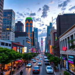 A bustling and vibrant cityscape during twilight, with colorful skyscrapers illuminated against the darkening sky