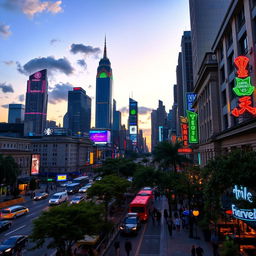 A bustling and vibrant cityscape during twilight, with colorful skyscrapers illuminated against the darkening sky