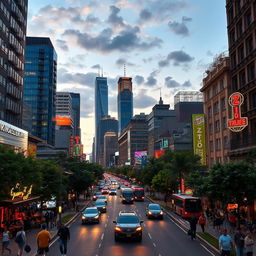 A bustling and vibrant cityscape during twilight, with colorful skyscrapers illuminated against the darkening sky