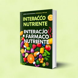 A visually striking book cover design titled 'Interação Fármaco Nutriente', prominently featuring vibrant illustrations that represent the interaction between drugs and nutrients