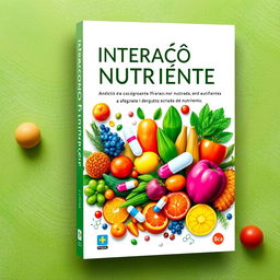 A visually striking book cover design titled 'Interação Fármaco Nutriente', prominently featuring vibrant illustrations that represent the interaction between drugs and nutrients
