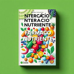 A visually striking book cover design titled 'Interação Fármaco Nutriente', prominently featuring vibrant illustrations that represent the interaction between drugs and nutrients