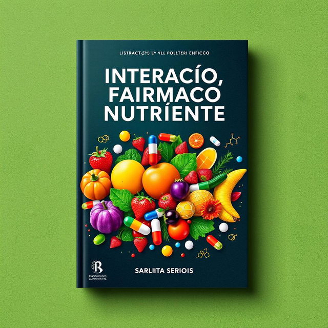 A visually striking book cover design titled 'Interação Fármaco Nutriente', prominently featuring vibrant illustrations that represent the interaction between drugs and nutrients