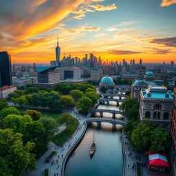 A stunning panoramic view of a beautiful cityscape at sunset, showcasing a mix of modern skyscrapers and classic architecture, with a vibrant skyline reflecting golden hues in the sky