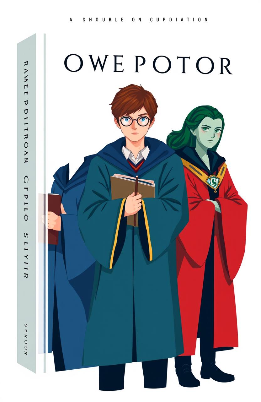 A minimalist book cover design featuring three students representing the houses of Ravenclaw, Gryffindor, and Slytherin