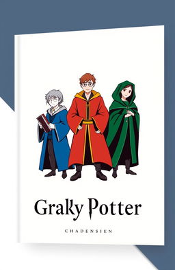 A minimalist book cover design featuring three students representing the houses of Ravenclaw, Gryffindor, and Slytherin