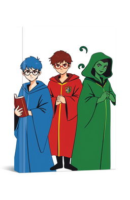 A minimalist book cover design featuring three students representing the houses of Ravenclaw, Gryffindor, and Slytherin