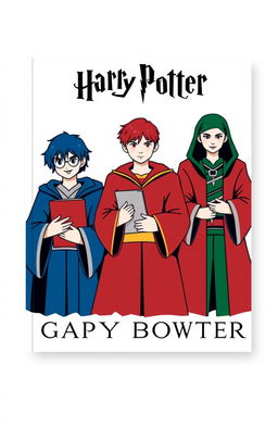 A minimalist book cover design featuring three students representing the houses of Ravenclaw, Gryffindor, and Slytherin