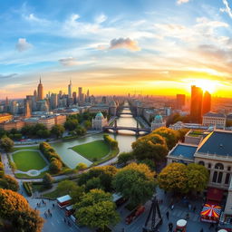 A stunning panoramic view of a beautiful cityscape at sunset, showcasing a mix of modern skyscrapers and classic architecture, with a vibrant skyline reflecting golden hues in the sky