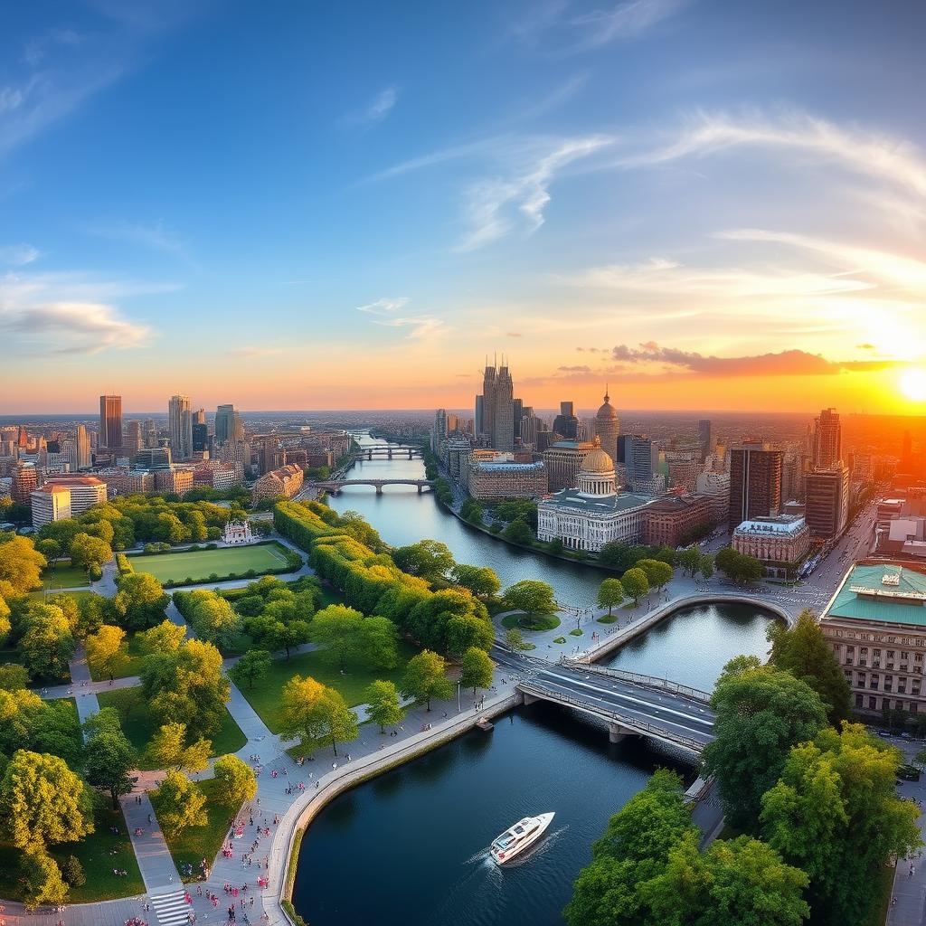 A stunning panoramic view of a beautiful cityscape at sunset, showcasing a mix of modern skyscrapers and classic architecture, with a vibrant skyline reflecting golden hues in the sky