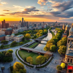 A stunning panoramic view of a beautiful cityscape at sunset, showcasing a mix of modern skyscrapers and classic architecture, with a vibrant skyline reflecting golden hues in the sky