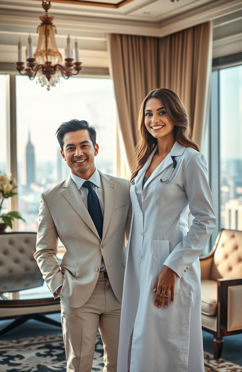 A wealthy young man, the only child of a prestigious family, is portrayed standing confidently in an elegant office filled with luxury decor