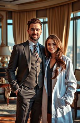 A wealthy young man, the only child of a prestigious family, is portrayed standing confidently in an elegant office filled with luxury decor