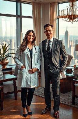 A wealthy young man, the only child of a prestigious family, is portrayed standing confidently in an elegant office filled with luxury decor