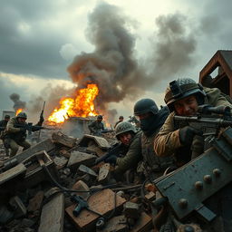 A dramatic scene depicting a fierce battle in a war-torn landscape, with soldiers in tactical gear engaged in combat