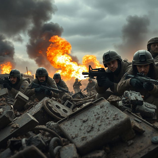 A dramatic scene depicting a fierce battle in a war-torn landscape, with soldiers in tactical gear engaged in combat