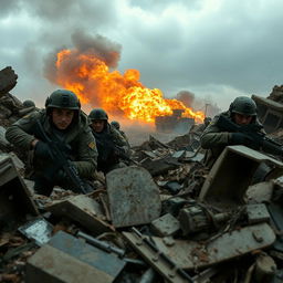 A dramatic scene depicting a fierce battle in a war-torn landscape, with soldiers in tactical gear engaged in combat