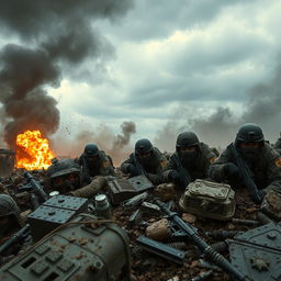 A dramatic scene depicting a fierce battle in a war-torn landscape, with soldiers in tactical gear engaged in combat