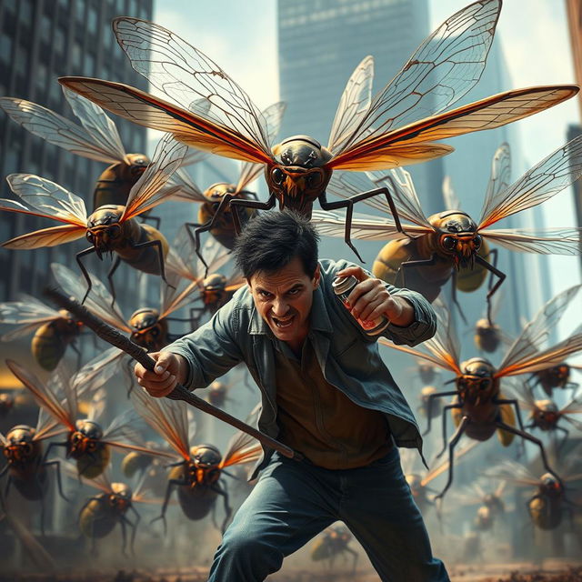 A dramatic scene depicting a swarm of giant, menacing insects attacking a human in an urban setting