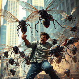A dramatic scene depicting a swarm of giant, menacing insects attacking a human in an urban setting