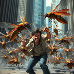 A dramatic scene depicting a swarm of giant, menacing insects attacking a human in an urban setting