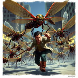 A dramatic scene depicting a swarm of giant, menacing insects attacking a human in an urban setting