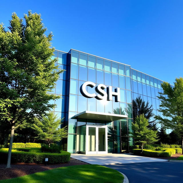 A modern corporate building with sleek glass architecture displaying the prominently featured name 'C S H' on its facade