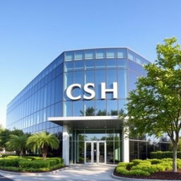 A modern corporate building with sleek glass architecture displaying the prominently featured name 'C S H' on its facade