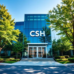 A modern corporate building with sleek glass architecture displaying the prominently featured name 'C S H' on its facade