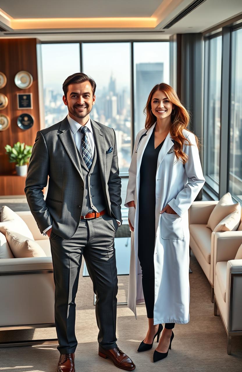 A narrative scene showcasing a young, confident man dressed in tailored business attire standing proudly in a luxurious office