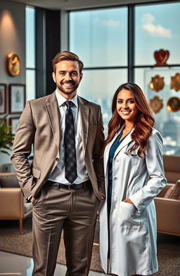 A narrative scene showcasing a young, confident man dressed in tailored business attire standing proudly in a luxurious office