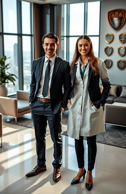 A narrative scene showcasing a young, confident man dressed in tailored business attire standing proudly in a luxurious office