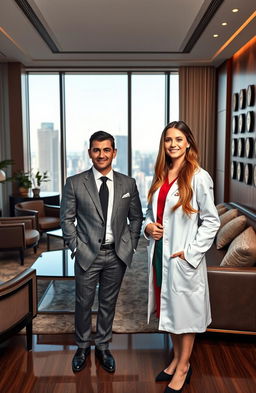 A narrative scene showcasing a young, confident man dressed in tailored business attire standing proudly in a luxurious office